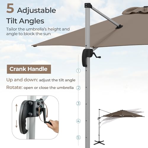 Cantilever Patio Umbrella Aluminum Offset Umbrella with 360-Degree Rotation & Adjustable Tilt, Large Patio Offset Umbrella for Garden, Pool, Backyard & Deck - color: Brown-1, size: 11ft