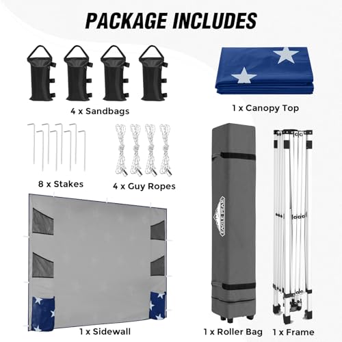 EAGLE PEAK Commercial Canopy 10x10 with Sidewall Storage, Easy OnePerson Setup Pop Up Canopy Tent with Roller Bag, Stakes, Ropes, and Weight Bags, American Flag - color: American Flag