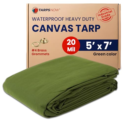 Tarps Now 5x7 ft Waterproof Canvas Tarp| 20 MIL Heavy Duty, Water Resistant, Tear Resistant, Reinforced Edges, Brass Grommets| Ideal for Construction, Trucking, Manufacturing, Camping – Olive Color - size: 5' x 7'