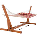 SUNCREAT Outdoor Hammock with Stand, Two Person Quilted Fabric Hammock Swing with Adjustable Wooden Stand, Red Stripes - color: Quilted-red Stripes