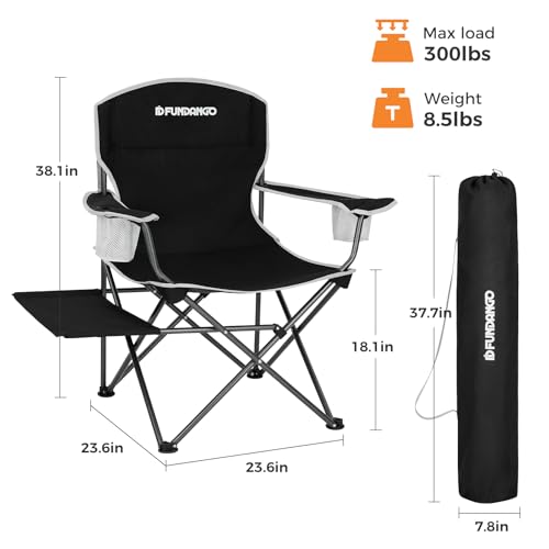 FUNDANGO Folding Padded Camping Chair, Portable Outdoor Full Back Lawn Arm Chair with Side Table Cup Holder Side Pocket for Garden, Picnic, BBQ with Carry Bag, Support 300LBS - color: Black