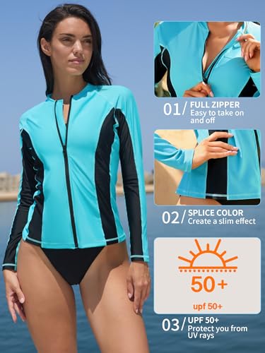 ATTRACO Women's Rashguard Swimsuit Zip Front Sun Protection Swim Shirt UPF 50+ - color: Aqua, size: 2X