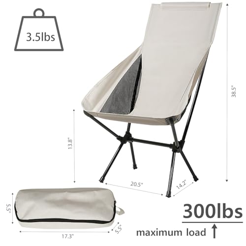 Wind Tour Portable Camping Chair Lightweight Foldable Outdoor Chair for Hiking Camp Backpacking Lawn Beach Fishing Picnic with Carry Bag (High-Back | White) - color: High-back | White