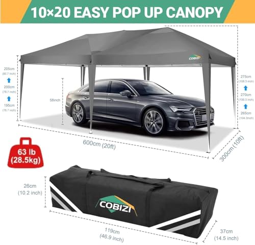 COBIZI 10x20 Pop Up Canopy Tent Commercial Instant Shelter with 6 Sidewalls, Durable Waterproof Portable Gazebo UPF 50+ for Outdoor Party, Wedding, Vendor Events (Gray) - color: Gray, size: 10x20FT with 6 sidewalls