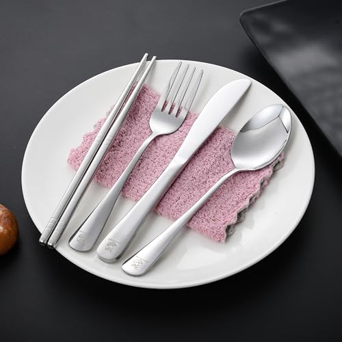 Boulder Bee Travel Utensils Set | Reusable Camping Cutlery Set | Stainless Steel Flatware Set | Portable Silverware Set with Case | Includes Knife/Fork/Spoon/Chopsticks/Cleaning Cloth/Case (Sliver) - color: With Chopsticks-Silver