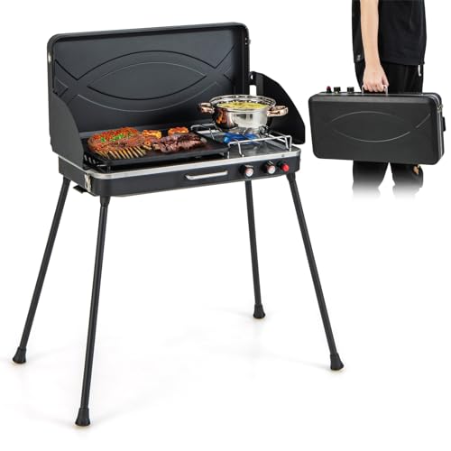 HAPPYGRILL Portable Camping Stove, 2-Burner Propane Grill Cooker with Removable Leg Stand, Roast Grill, Dual Control Knobs, Wind Guards, Outdoor Gas Grill for Camping BBQ Picnic (Black) - color: Black