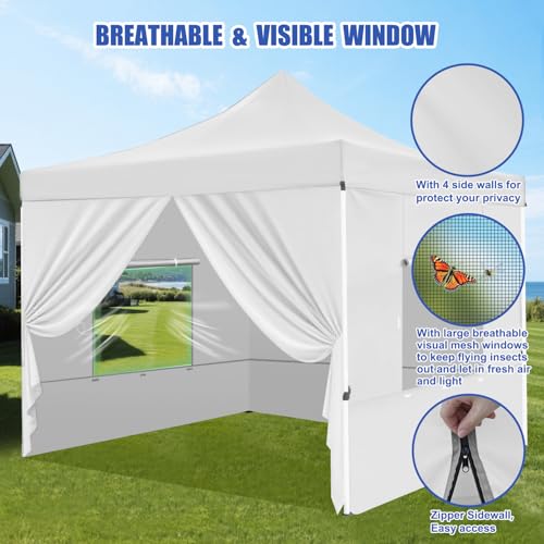 Yesker 10x10 Pop Up Canopy Tent with 4 Sidewalls Portable Folding Outdoor Canopy Easy Setup Gazebo Waterproof Instant Popup Shelter Tent w Wheel Carry Bag sandbags for Events Parties Camping, White - size: 10x10FT White w Sidewalls