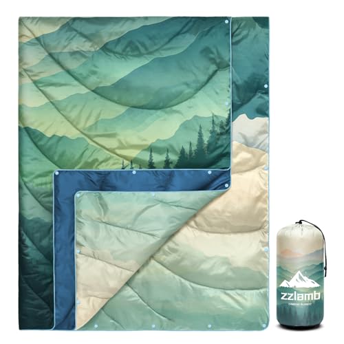 zzlamb Camping Blanket for Cold Weather,Outdoor Puffy Blanket Portable Down Alternative,Windproof Warm Cloak with Snaps,Cozy Quilt Backpacking Picnic RV Travel Plane Car Hammock Beach Climbing - color: Awakening Forest, size: 52x75in