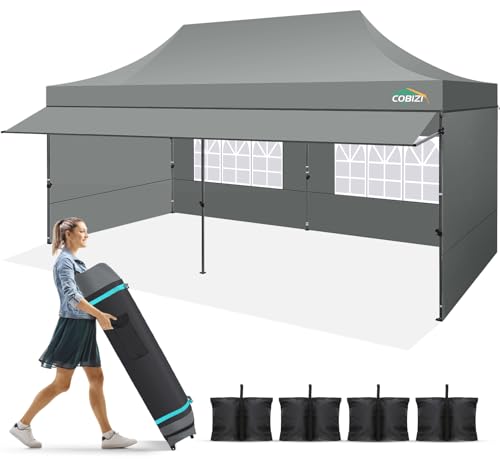COBIZI 10x20 Pop Up Canopy Tent with Awning & Sidewalls, Heavy Duty Commercial 10X20 Canopy Tents Instant Waterproof, UPF 50+ Sun Shade for Outdoor, Parties, Markets (Gray) - color: Gray, size: 10x20FT with 4 Sidewalls & 1 Awning Cloth