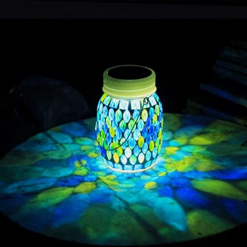 Mosaic Garden Decor Solar Outdoor Hanging Lights,Solar Mosaic Lanterns Christmas Gifts for Women Mom Grandma Halloween and Garden,Patio,Pathway & Yard Décor (Bule) - color: bule