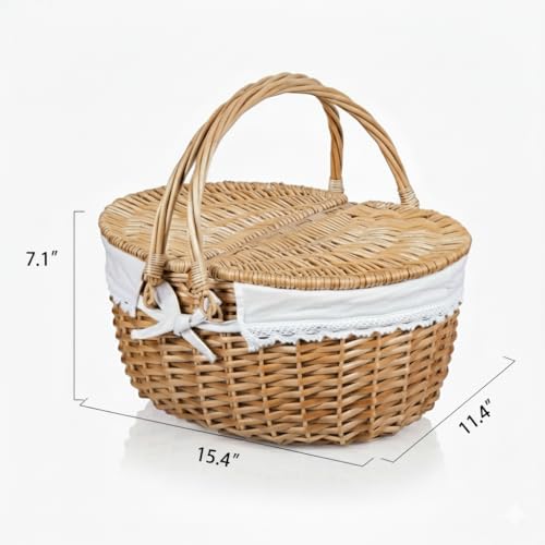 Wicker Picnic Basket with Lid and Handle 15" Sturdy Woven Body with Washable Lining for Easter,Mother's Day,Outdoor Camping,Not Dyed - color: Solid