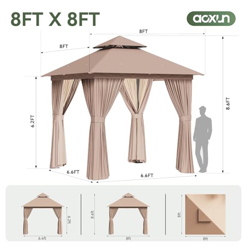 AOXUN Outdoor Gazebo for Patio 8x8 Metal Frame Canopy with Double Roofs Heavy Duty Party Tent and Shelter with Mosquito Netting and Privacy Screen for Backyard, Lawn, Garden, Deck (Khaki) - color: Khaki, size: 8 X 8