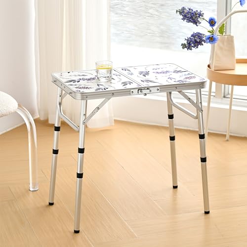 Yriuat Folding Camping Table 2ft Portable Pinic Table Adjustable Height Small Card Table Aluminum Foldable Lightweight with Carry Handle for Outdoor Indoor Hiking Camp BBQ Beach (Misty Lilac) - color: Misty Lilac, size: 24"l X 16"w X 24"h