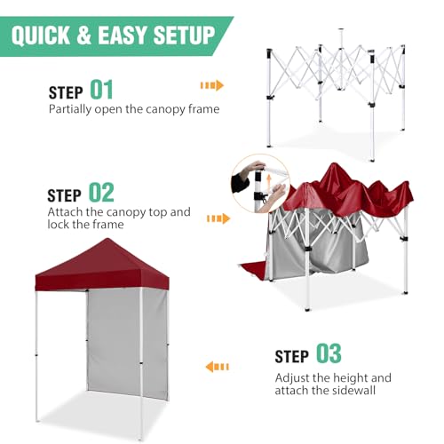 5x5 Pop Up Canopy Tent with One Sidewall, Instant Portable Beach Canopy, Outdoor Tent with Carry Bag for Camping, Sports, Tailgating, Events, Burgundy - color: Burgundy, size: With One Wall
