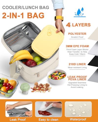 Capolo Lunch Box for Women Men Adults,Insulated Lunch Bag Leakproof Lunch Cooler Box with Removable Strap Cute Lunch Tote Bags Reusable Thermal Lunchbox for School Work Picnic(Small,Beige) - color: Beige, size: Small