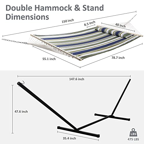 SUNCREAT Double Hammock, Extra Large Quilted Fabric Swing with Hardwood Spreader Bars & Detachable Pillow, Heavy Duty, Perfect for Indoor/Outdoor Patio, Deck, Yard, Blue&Aqua - color: Blue&aqua, size: 12 ft Stand