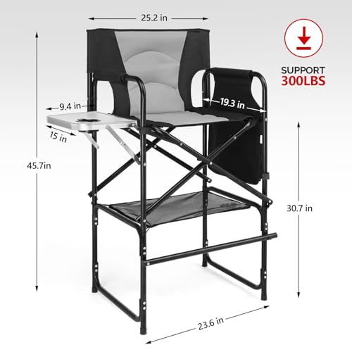 mefeir Extra Tall-30.7'' Professional Makeup Artist Director Chair Bar Height, Portable Folding Design with Side Table & Storage Bag, Heavy-Duty Steel Frame (300 lbs Capacity), 45.7'' Tall - color: Black/Gray, size: 31in
