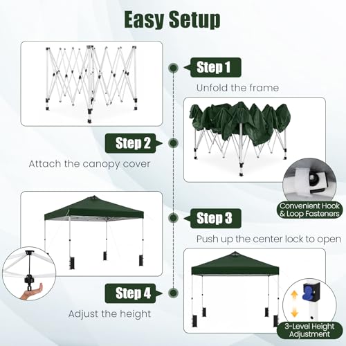 Tangkula 10 x10 Ft Pop Up Canopy with Center Lock, UPF 50+ One-Button Setup Outdoor Canopy Tent with Roller Bag, 4 Sand Bags, Heavy-Duty Steel Frame, 8 Stakes, 4 Ropes for Camping, Picnic (Green) - color: Green