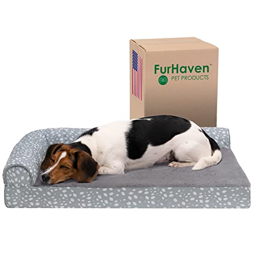FurHaven Supportive Cooling Memory Foam L Chaise Dog Bed with Washable & Removable Cover - Plush & Almond Print - Gray Almonds, Dogs Up to 35 lbs - Medium - color: (Plush & Almond Print) Gray Almonds, size: Medium