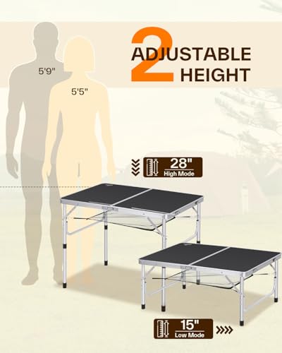 Sportneer Folding Table: Adjustable Height Camping Essentials 35.4" L x 23.6" W 2 Height with Mesh Layer - Compact & Portable Small Folding Table for Outdoor Camp Garden Picnic BBQ Dining Cooking - color: Black, size: 35.4"L x 23.6"W (2 Height)