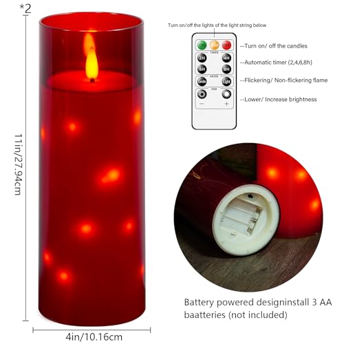 kakoya 11" x 4" Large Outdoor Waterproof Flameless LED Candles with Remote and Timer,Acrylic Pillar Candles Battery Operated with Embedded Star String for Porch,Patio,Outdoor Decor,Set of 2(Red) - color: Red, size: 2PCS-D4"xH11"