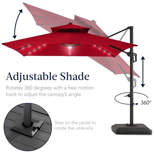 Best Choice Products 9x12ft LED Cantilever Patio Umbrella w/Base Included & 360° Rotation, Large Solar Offset Hanging Outdoor Sun Shade for Deck, Backyard Table w/Stand & Lights – Red - color: Red, size: 9x12ft
