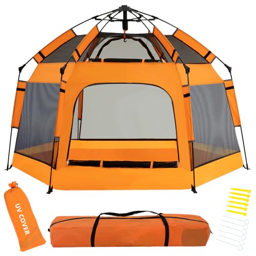 Instant Pop Up Baby Playpen with UV Canopy & Safety Lock, Portable Outdoor Beach Tent Play Yard for Toddlers, Breathable Mesh & Carry Bag, Indoor & Backyard Use (Orange) - color: Orange