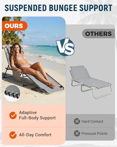 KingCamp Lounge Chair Outdoor,400LBS Tanning Chairs for Outside,Adjustable 5-Position Patio Lounge Chair Sunbathing Chase Lounge Chair Outdoor for Outside Beach Patio Sun Bathing Pool Backyard - color: A*trifold Origins——grey, style: 400lbs&Pinch-Proof Sa