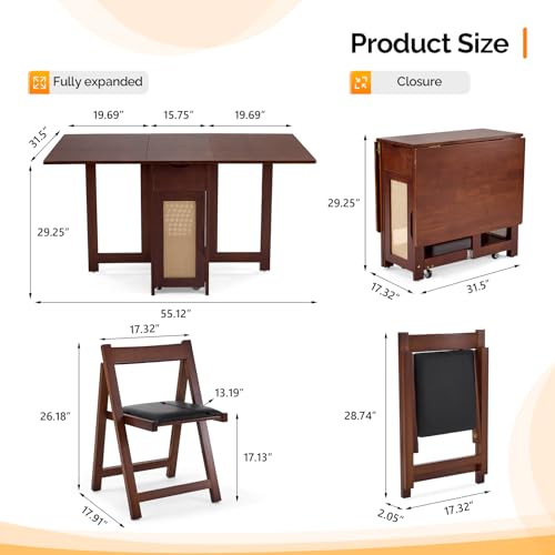 VINGLI 5-Piece Folding Dining Table Set, Extendable Drop Leaf Solid Wood Table with 4 Chairs, Drawers & Wheels, Space-Saving Design for Kitchen, Walnut - color: Walnut