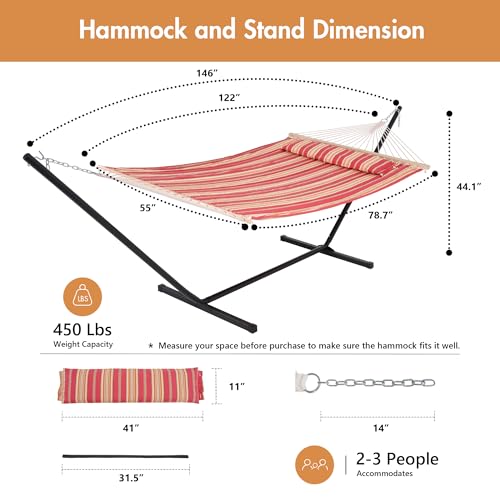ANOW Outdoor Hammock with Stand 12FT, Heavy Duty Hammocks with Stand Included, 450 LBS Weight Capacity, Red Stripes - color: Red Stripes, size: 2 Person With Stand