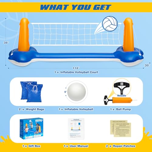 118" Pool Volleyball Net Set for Inground & Above Ground Pools | Complete Pool Game Kit with Water Volleyball, Pump & Adjustable Net, Outdoor Summer Pool Toys for Adults & Family, Pool Party Gift 2026