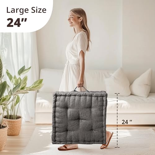 Intelligent Design Large Floor Pillow for Adults Yoga or Meditation Cushion with Handle, Floor Cushion for Board Games, Lustrous Chenille Tufted, Handsewn Scalloped Edge, Azza, 24" x 24" x 5" Charcoal - color: Square Charcoal With Handle, size: 24"W x 24"