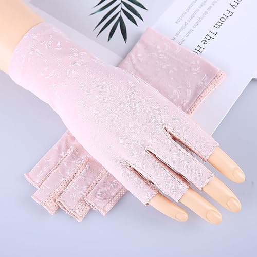 Lightweight Summer Fingerless Gloves Men Women UV Sun Protection Driving Cotton Gloves Nonslip Touchscreen Mittens - color: 2pairs-pink+floral Black