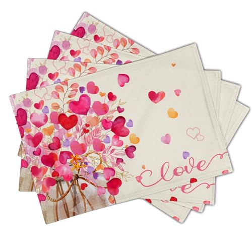 Vintage Love Placemat Set of 4, 12x18 Inch Red and Pink Hearts Eucalyptus Leaves Linen Washable Heat Resistant Table Mats for Wedding Anniversaries Holiday Dinner Party Decor - color: Love Hearts Leaves
