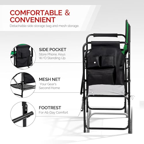 mefeir 31" Extra Tall Director Chair w/Side Table, Heavy-Duty Steel Frame Portable Folding Bar Stool w/Storage Pockets, for Makeup Artist, Salon, Studio, Camping, 300 lbs Capacity (Green) - color: Black/Olive Green, size: 31in