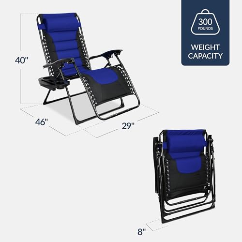 Best Choice Products Oversized Padded Zero Gravity Chair, Folding Outdoor Patio Recliner, XL Anti Gravity Lounger for Backyard w/Headrest, Cup Holder, Side Tray, Polyester Mesh - Blue - color: Black/Blue