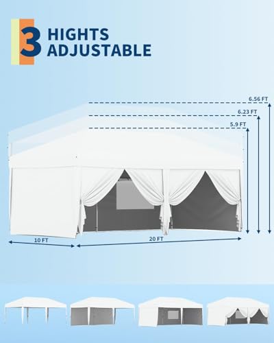10X20 Pop Up Canopy Tent with 6 Sidewalls – Heavy Duty Commercial Instant Shelter, One-Person Quick Setup Outdoor Party Tent, Water-Resistant & Portable, White - color: White