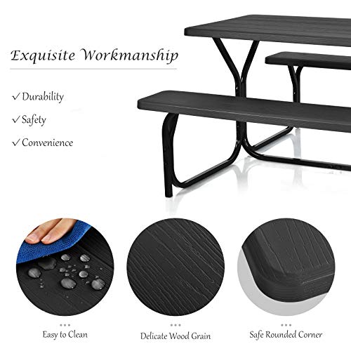 Giantex Picnic Bench Set Outdoor Camping All Weather Metal Base Wood-Like Texture Backyard Poolside Dining Party Garden Lawn Deck Large Picnic Tables for Adult (Black) - color: Black, size: 4.5FT