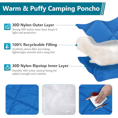 Camping Outdoor Blanket, Ultralight Down Alternative Printed Travel Camp Blankets for Sleeping Packable Waterproof Puffy Quilt for Hammock Picnic Stadium Beach Cold Weather (Blue Blanket Poncho) - color: Blue Blanket Poncho