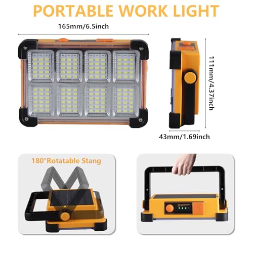 120W Solar Rechargeable Work Light, 144 LED 10000LM Portable Flood Light with Stand, IP66 Waterproof 4 Modes LED Job Site Lighting Flashlights for Mechanic Camping Fishing Car Repair - style: Yellow 1 Pack