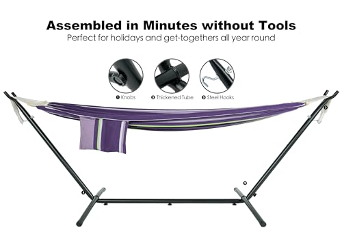 Gafete Double Hammock with Stand for Outside, Upgraded Spreader Bar, Heavy Duty Space Saving Steel Stand 2 Person, Side Pockets, Easy Assembly, 600lbs Weight Capacity (Tranquility Purple) - color: Ranquility Purple