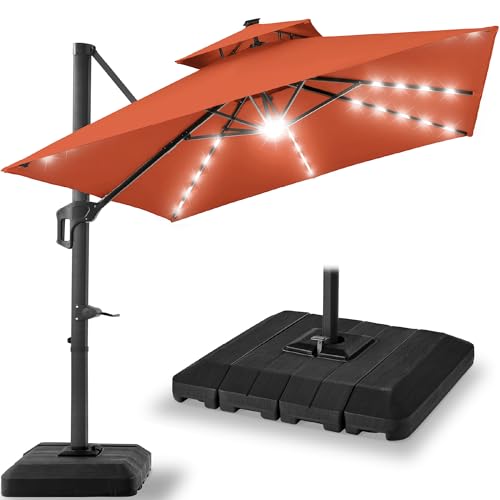 Best Choice Products 9x12ft LED Cantilever Patio Umbrella w/Base Included & 360° Rotation, Large Solar Offset Hanging Outdoor Sun Shade for Deck, Backyard Table w/Stand & Lights – Rust - color: Rust, size: 9x12ft