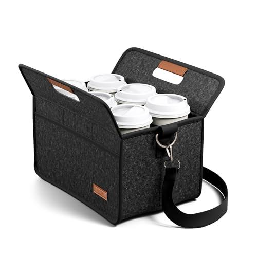 Fluxynara 6-Cup Reusable Felt Drink Carrier with Handle and Adjustable Shoulder Strap, Drink Holder for Car, Multi-Cup Drink Carrier Bag for Delivery, Travel, Picnics (Charcoal Gray) - color: Charcoal Gray, size: 6 Cups