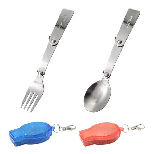 16cm 304 Stainless Steel Folding Spoon and Fork with Small Storage Box, Triple Folding Portable Camping Cutlery for Outdoors, Thermos, Travel Tableware (1 Fork, 1 Spoon)