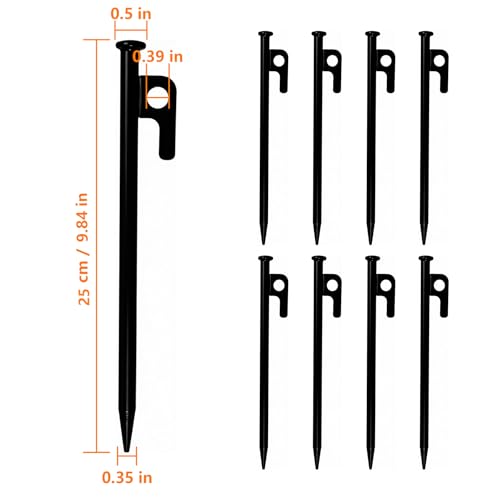 8Pack Tent Stakes Heavy Duty Camping Stakes for Camping 9.84inch Steel Metal Tent Pegs Unbreakable and Inflexible - size: 25cm/9.84in