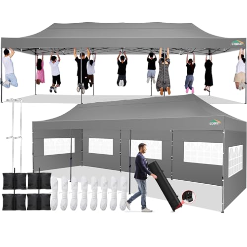 COBIZI 10x30 Pop up Canopy Tent 10x30 Canopy with 8 Sidewalls Waterproof Heavy Duty Commercial Canopy Tent for Parties Outdoor Garden Gazebo, Carry Bag with Wheel(10x30ft, Gray) - color: Gray, size: 10X30FT 8 Sidewalls