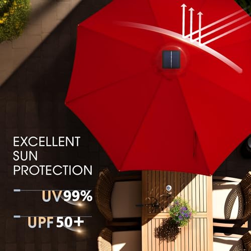 wikiwiki 10FT Solar Led Patio Umbrella with Base Included, 32 LED Lights, 8 Sturdy Ribs, Fade Resistant Waterproof POLYESTER DTY Canopy for Garden, Lawn, Deck, Backyard & Pool, Red - color: Red, size: 10FT