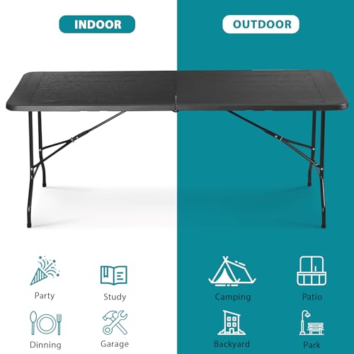 JupiterForce 6ft Plastic Folding Table, Indoor Outdoor Portable Heavy Duty Foldable Camping Table, Fold-in-Half Utility Table Dining Picnic Table for Party Wedding Event, Black - color: Black, size: 6FT