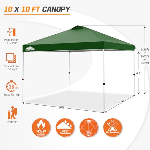 EAGLE PEAK Pop Up Canopy Tent with Wheeled Carry Bag, 8 Stakes, 4 Ropes, 4 Weight Bags, Easy Set Up Tent Canopy, 10x10 ft, 100sqft of Shade, Green - color: Green, size: 10x10