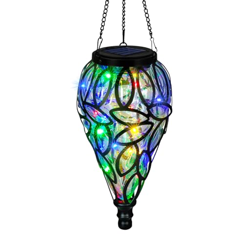 SUNNYPARK Outdoor Plastic Solar Hanging Lantern, 15 Multi Color LEDs Twinkle Effect Tear-Shaped Hanging Lantern Decor Garden Decorative Solar Lights for Backyard, Patio and Lawn - style: Multi-color